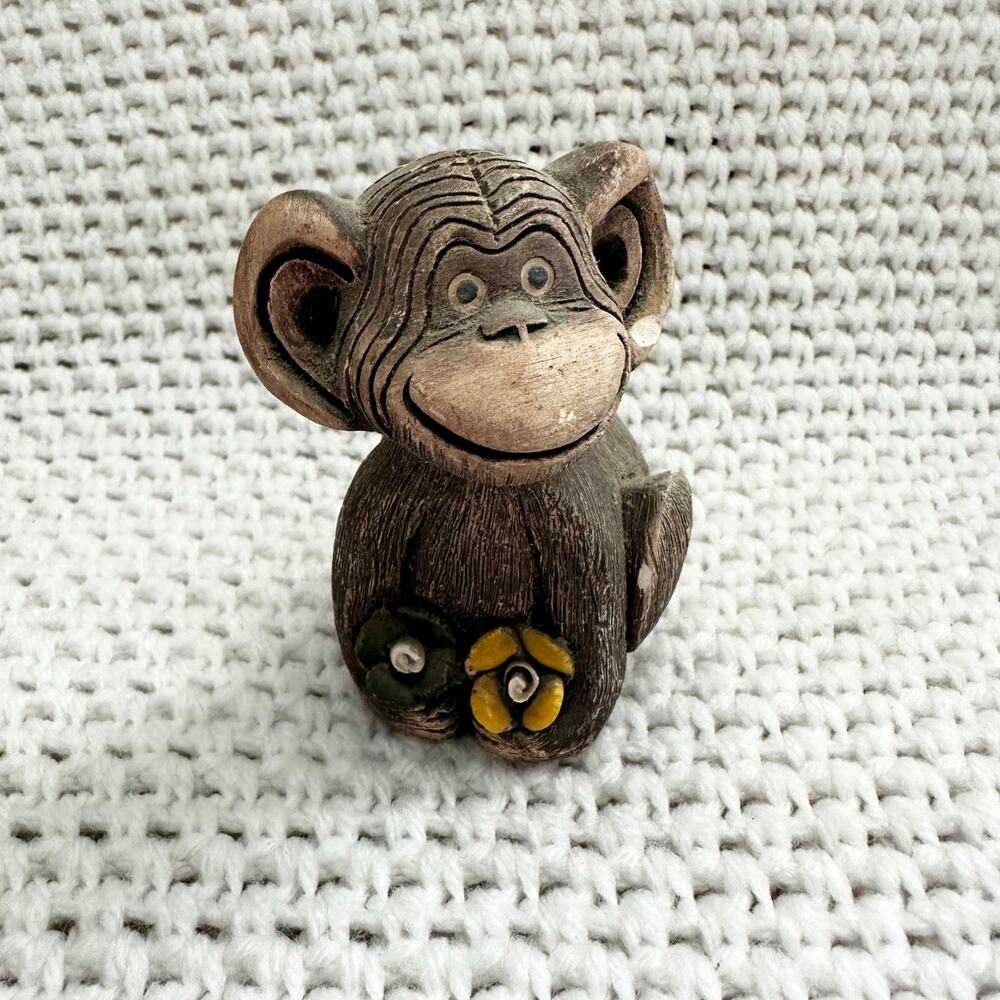Artesania Rinconada Sitting Perched Cheeky Monkey Yellow Green Flower Figurine